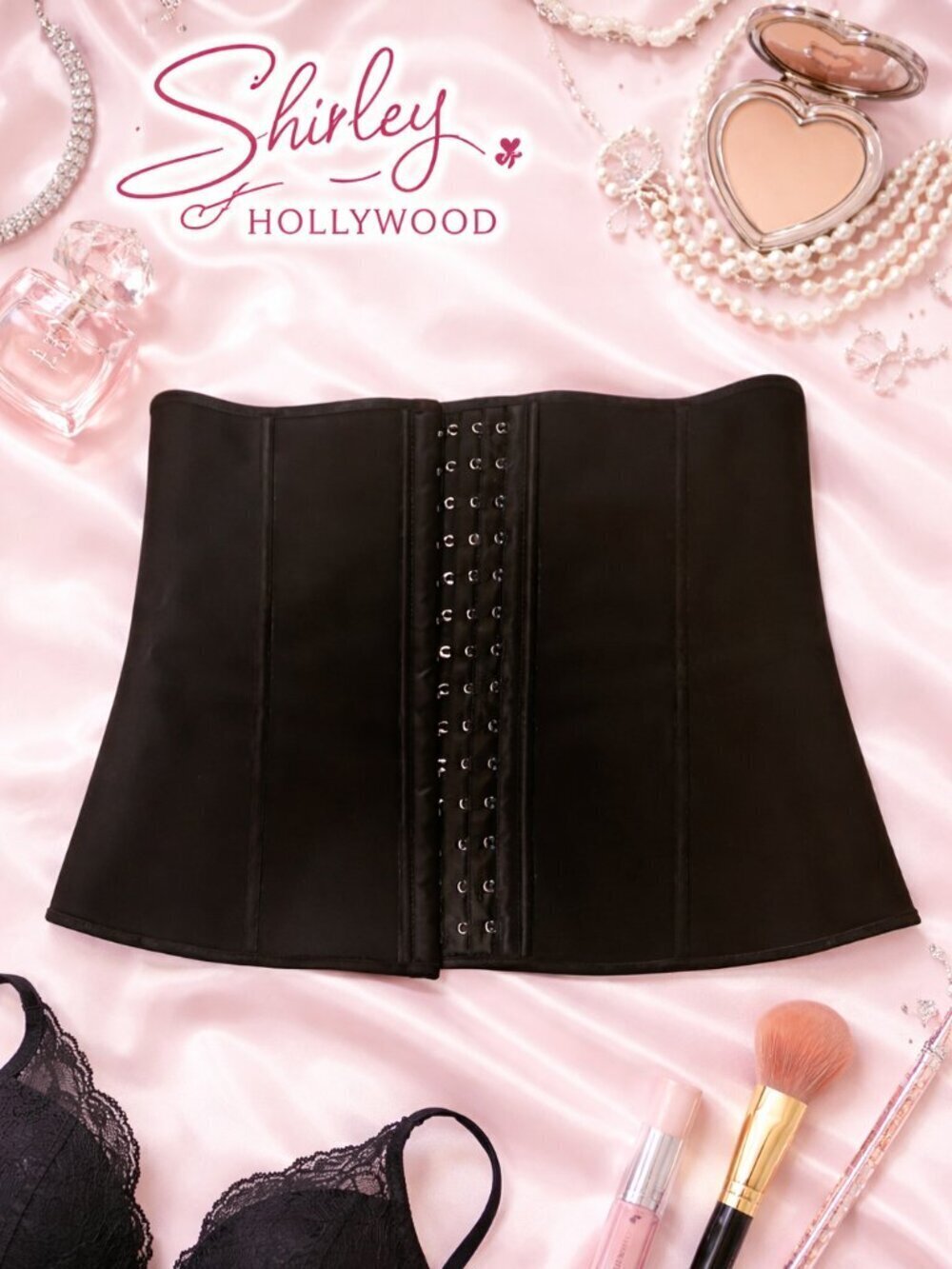 Shirley of Hollywood Black Latex Waist Trainer Corset Belt Size S Hook & Eye